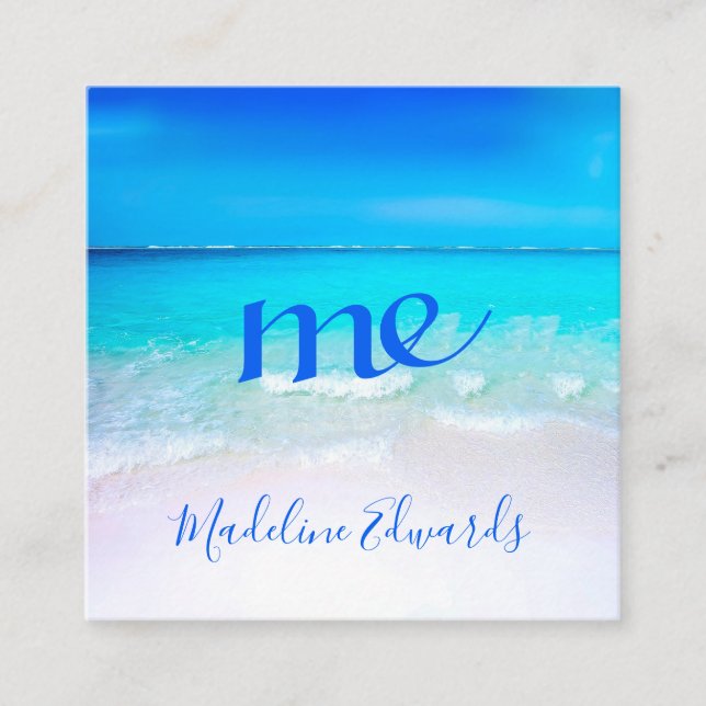 Ocean Wave Beach Scene Blue Modern Monogram Square Square Business Card (Front)
