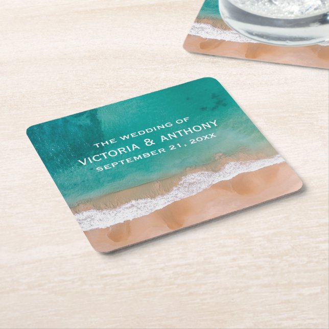Ocean Wave, Beach Wedding Square Paper Coaster (Angled)
