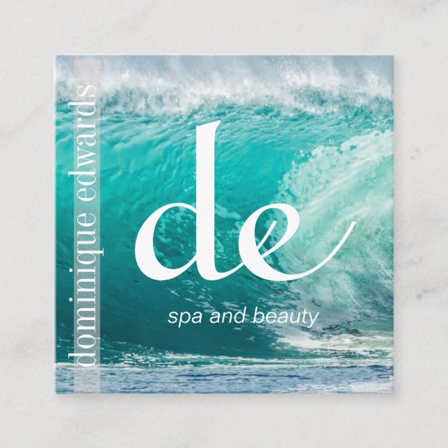 Ocean Wave Blue Business Monogram Square Business Card (Front)