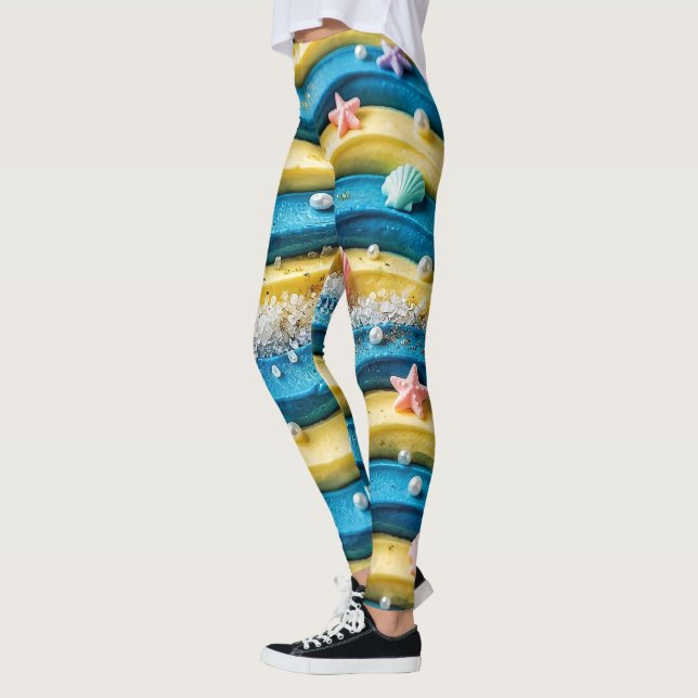 Ocean Wave Cake Leggings - Coastal Beach Starfish  (Left)