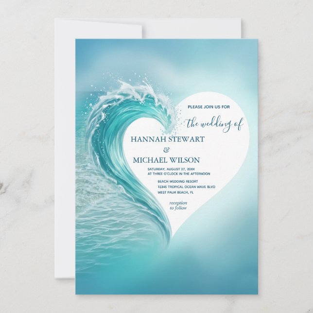 Ocean Wave Heart Wedding Invitation Template (Front)