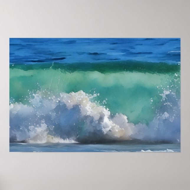 Ocean Wave Malibu Panorama Watercolor Art Poster (Front)