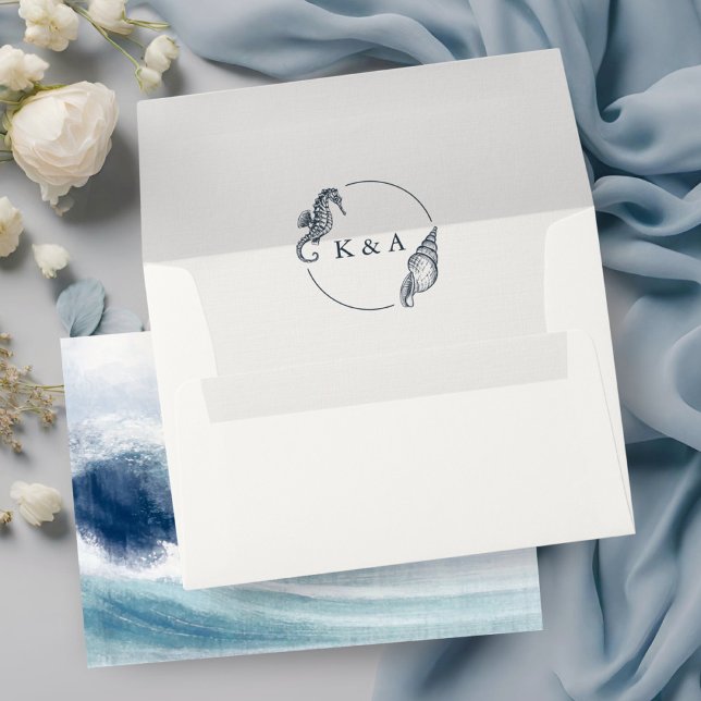 Ocean Wave Nautical Monogram Blue Wedding Envelope (Creator Uploaded)