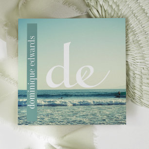 Ocean Wave QR Professional Monogram White Square Business Card