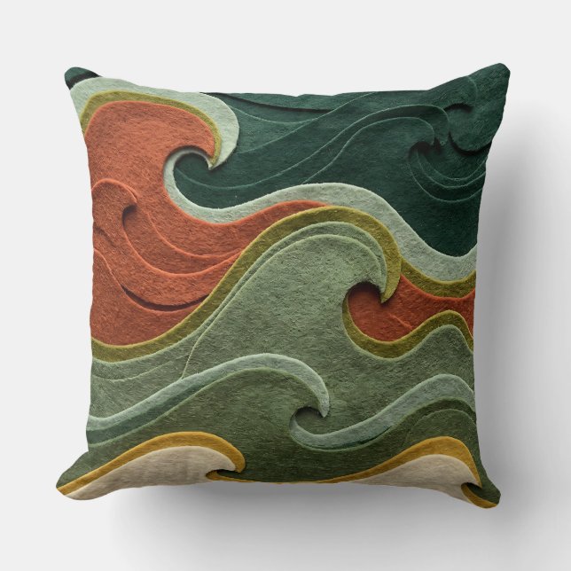 Ocean Wave Ripple Throw Pillow – Moss Forest Rust (Front)