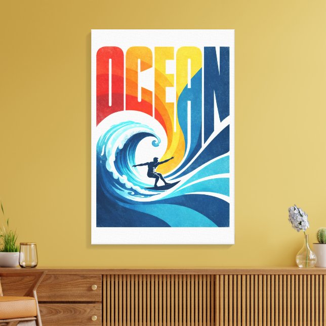 OCEAN Wave Surfer – Retro Surf Lifestyle Art Canvas Print (Insitu(LivingRoom))