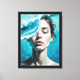 Ocean Wave Woman in Abstract Blue Serenity Canvas Print