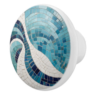 Ocean Waves Abstract Sea Blue Nautical Faux Mosaic Ceramic Knob