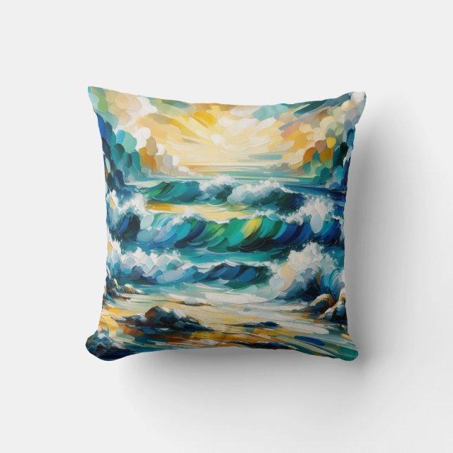 Ocean Waves And Sunrise Abstract Painted Art Cushion (Front)