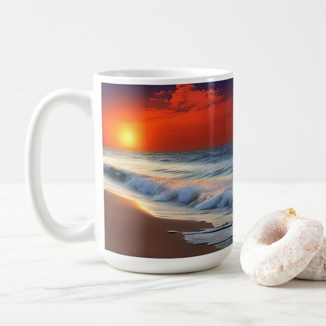 Ocean Waves and Sunset on Sandy Shower Coffee Mug (With Donut)