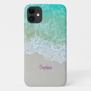 Ocean Waves, Beach Sand, Pink Script Name Case-Mate iPhone Case