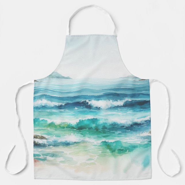 Ocean Waves Beach Watercolor Painting Apron (Front)