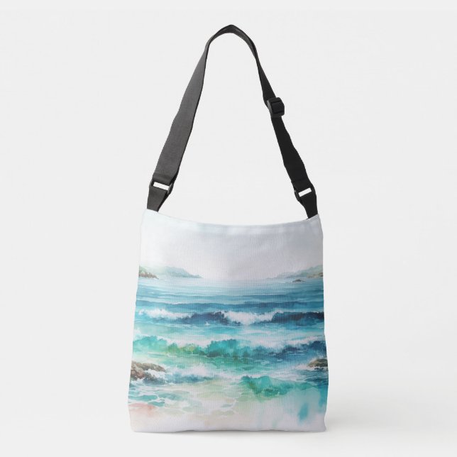 Ocean Waves Beach Watercolor Painting Crossbody Bag (Front)