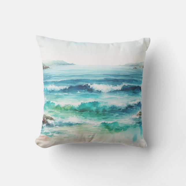 Ocean Waves Beach Watercolor Painting Cushion (Front)