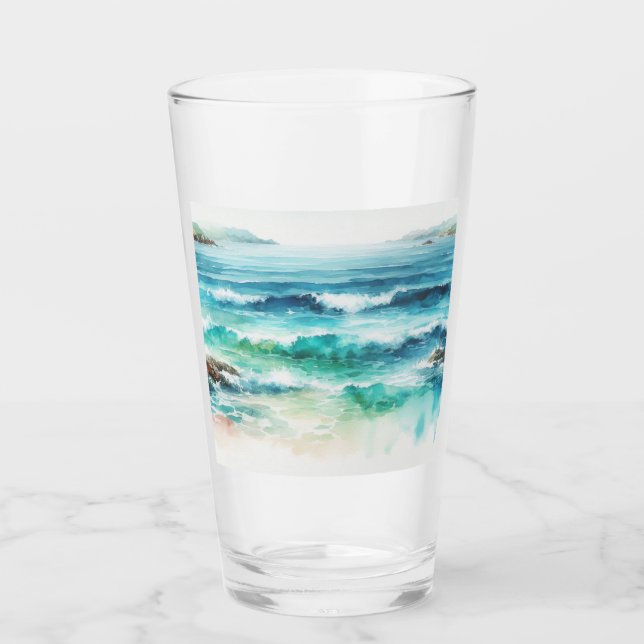 Ocean Waves Beach Watercolor Painting Glass (Front)