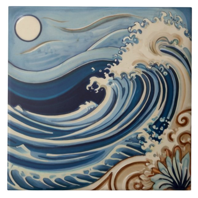 Ocean Waves Blue and White Sea by Moonlight Tile (Front)
