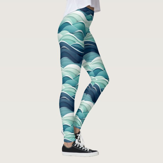 Ocean Waves Blue Coastal Beach Pattern Leggings (Right)