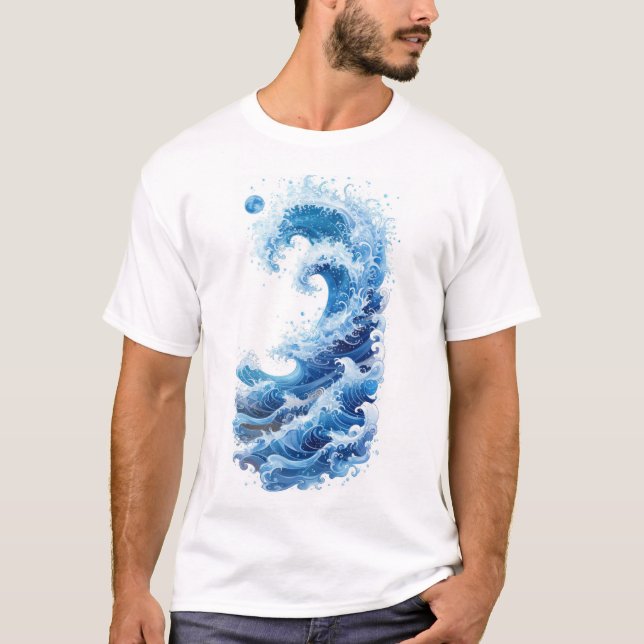 Ocean Waves Blue Graphic T-Shirt (Front)