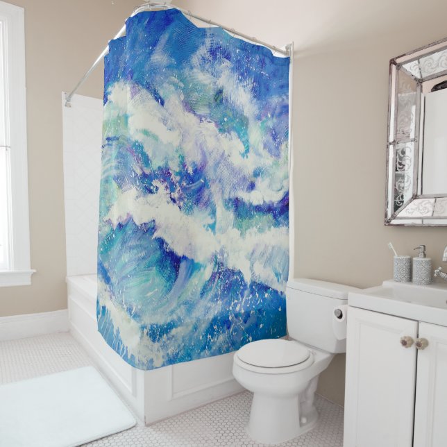 Ocean Waves Blue Painting Shower Curtain (In Situ)