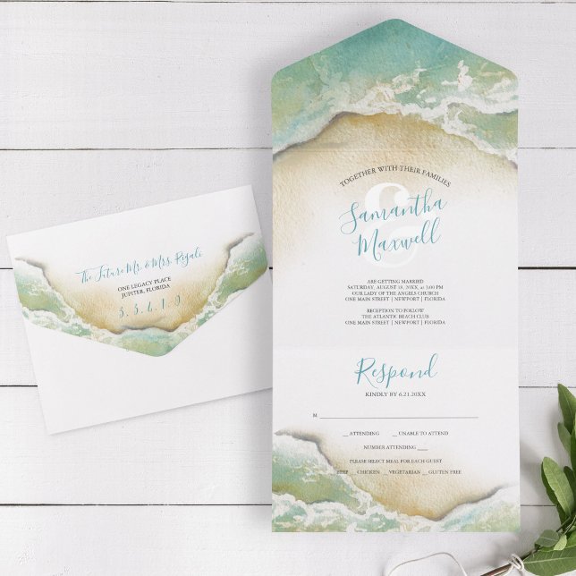 Ocean Waves Blue Watercolor All In One Invitation (Watercolor ocean wedding invitations feature beach art by Victoria Grigaliunas Do Tell A Belle)