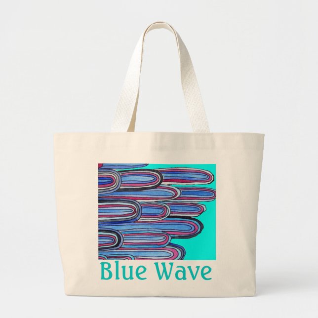 Ocean Waves "Blue Wave" aqua blue art Large Tote Bag (Front)