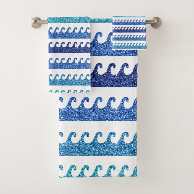 Ocean Waves Bright Blue Surfer Beach Surfing Bath Towel Set (Insitu)