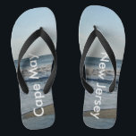 Ocean Waves Cape May New Jersey Jandals<br><div class="desc">Pretty Blue Sky with Light Fluffy White Clouds, Blue Sea, Crashing Ocean Waves and Beach Sand at Cape May, New Jersey fun Unisex Flip Flops. Shown with Wide Black Straps and Black Footbed. See options for flip flops in Slim Straps for more strap colours. Perfect for your summertime fun, trips...</div>
