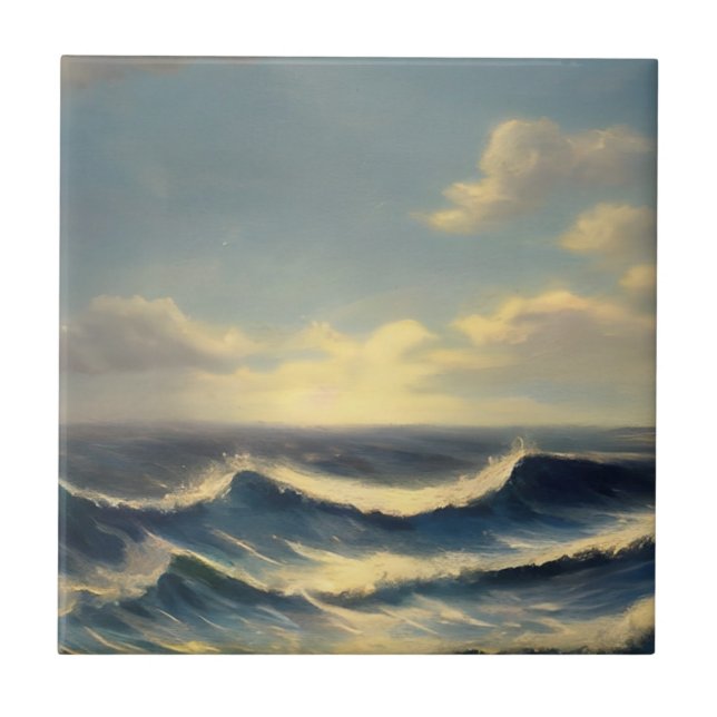 ocean waves cloudy sky nautical painting tile (Front)