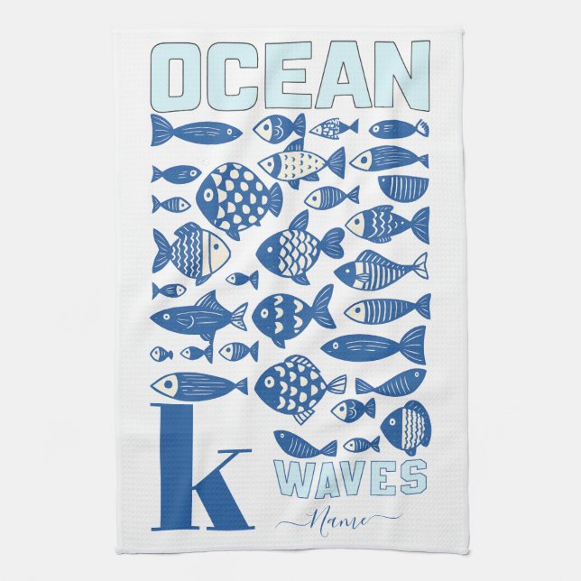 Ocean Waves Coastal Fish Kitchen Towel – Nautical  (Vertical)