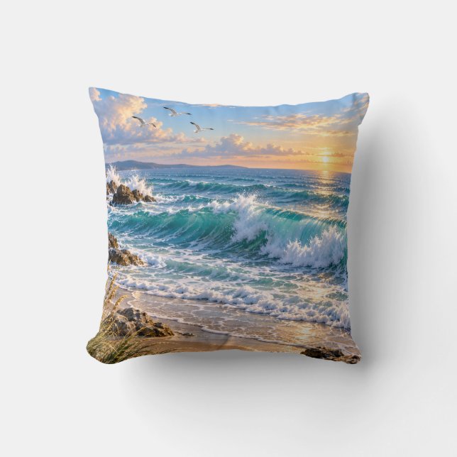 Ocean Waves Coastal Sunset Cushion (Front)