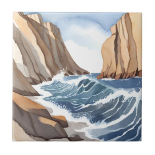 Ocean Waves Crashing Coastal Beach Watercolor Tile