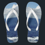 Ocean Waves Fluffy White Clouds Blue Sky Jandals<br><div class="desc">My Original Photography Design. Pretty Blue Sky with Fluffy White Clouds, Blue Sea and White Foam Ocean Waves Unisex Flip Flops. Click CUSTOMIZE IT to Personalise with your name or text. Shown with Wide White Straps and White Footbed. Choose your style flip flops from options (Slim Straps comes in different...</div>