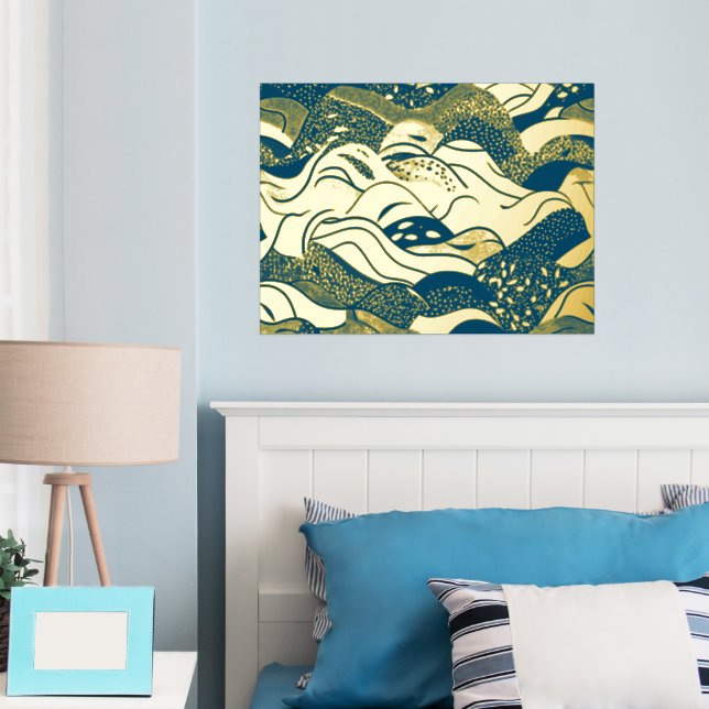 Ocean Waves Gold Foil With a Dark Blue Background Foil Prints (In Situ (Bedroom))