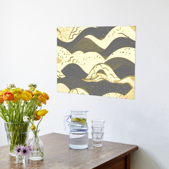 Ocean Waves Gold Foil With a Dark Grey Background Foil Prints (Laydown (Kitchen))