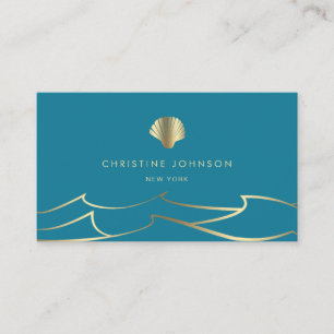 ocean waves golden seashell on mosaic blue business card