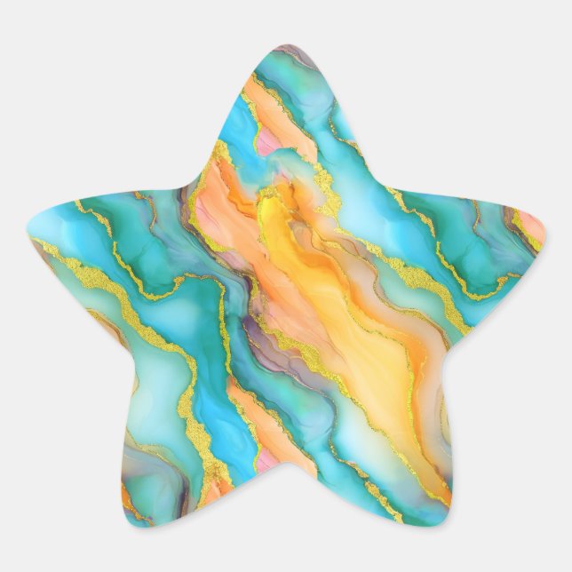 Ocean Waves in Teal and Yellow-Orange Pattern Star Sticker (Front)