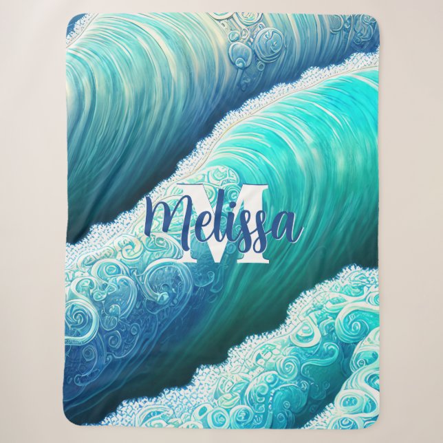 Ocean Waves Nature Monogram Sherpa Blanket (Front)