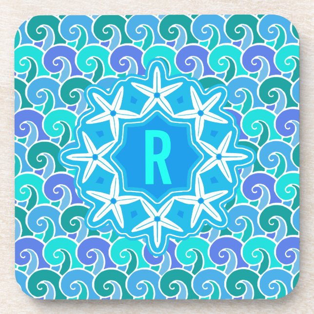 Ocean Waves Nautical Beach Starfish Monogram Blue Coaster (Front)