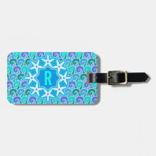 Ocean Waves Nautical Beach Starfish Monogram Blue Luggage Tag