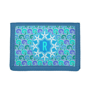 Ocean Waves Nautical Beach Starfish Monogram Blue Trifold Wallet