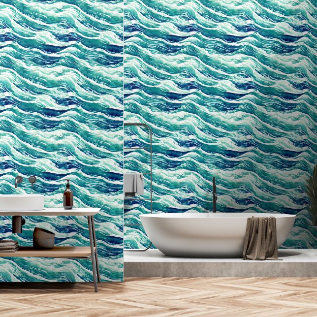 Ocean waves nautical seamless pattern beach wallpaper (Bathroom)