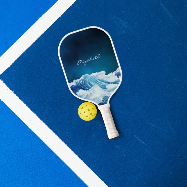Ocean waves navy blue name script pickleball paddle (Creator Uploaded)