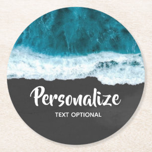 Ocean Waves on Black Sand Beach Round Paper Coaster