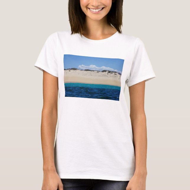 Ocean Waves On Sandy Beach Under Blue Sky T-Shirt (Front)