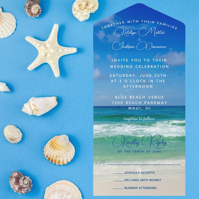 Ocean Waves Photo Chic Tropical Beach Blue Wedding All In One Invitation (Creator Uploaded)