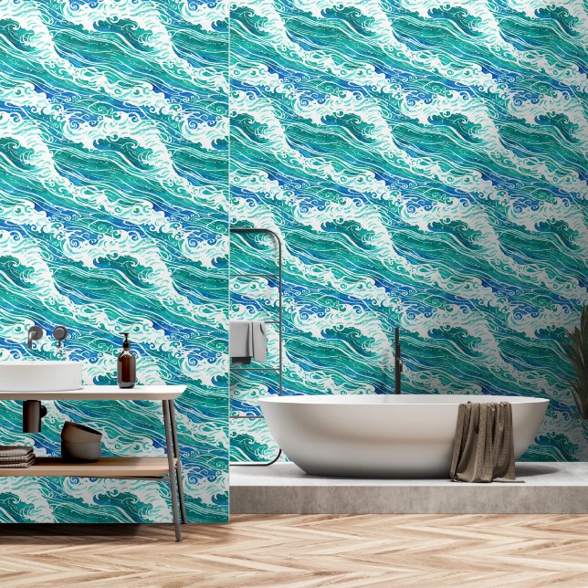 Ocean waves rolling sea coastal pattern beach wallpaper (Bathroom)
