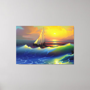 Ocean Waves, Sailboat and Sunset Reflection Canvas Print