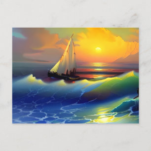Ocean Waves, Sailboat and Sunset Reflection Postcard