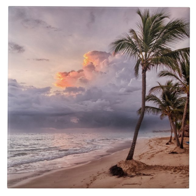 Ocean Waves Sandy Beach Sunset Tile (Front)