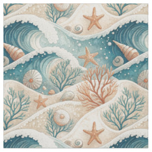 Ocean Waves, Sea Shells & Starfish Coastal Beach Fabric